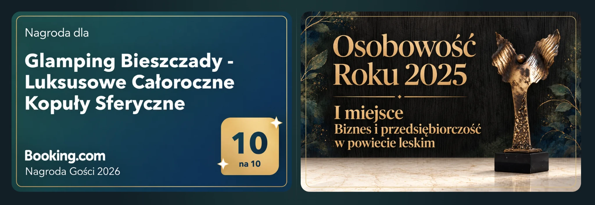 Nagrody Glamping Bieszczady: Booking.com Nagroda Gości 2026, ocena 10 na 10, oraz Osobowość Roku 2025